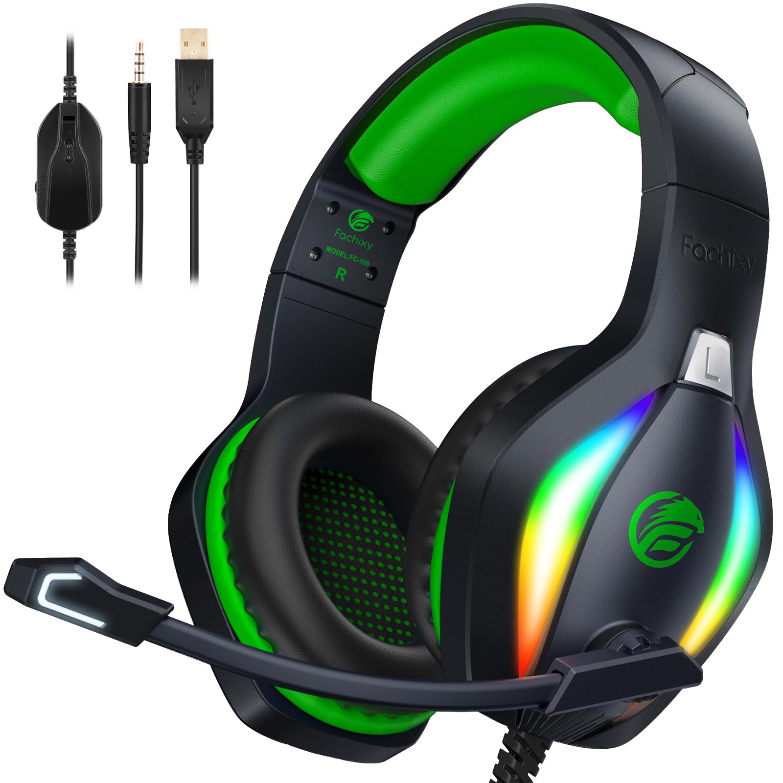 Fachixy FC100 Gaming Kopfhörer -ièrement für PS4, PS5, PC, Xbox und Nintendo Switch - HiFi-Qualität mit RGB-Licht und No